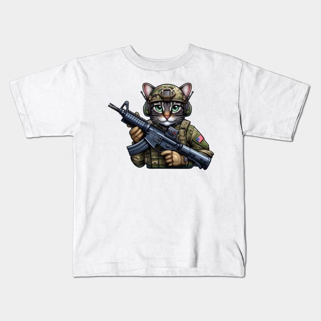 Tactical Cat Kids T-Shirt by Rawlifegraphic